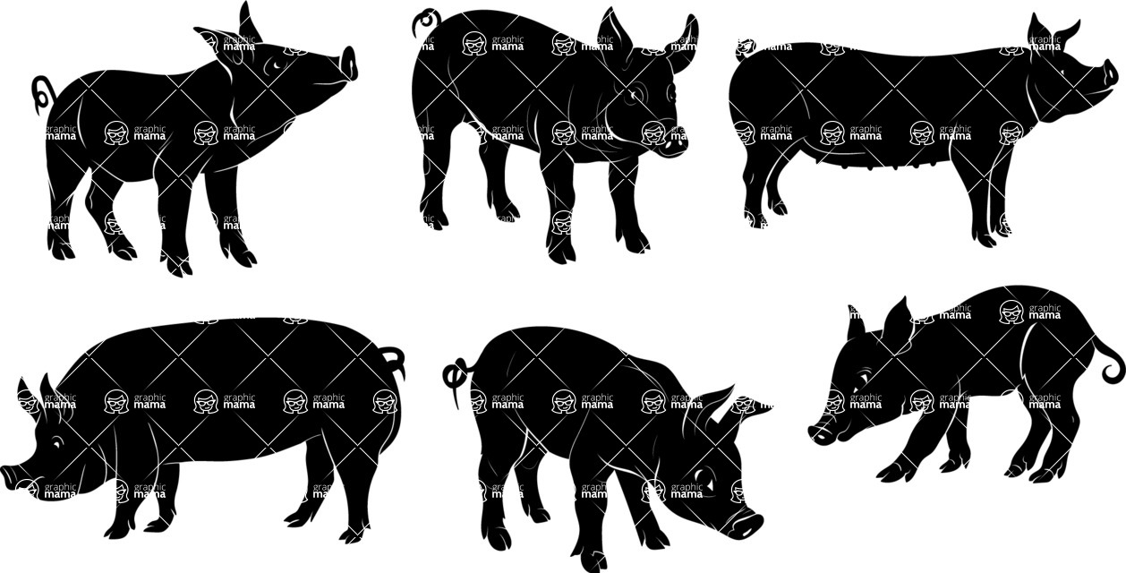 Vector silhouettes - 6 Vector Pig Silhouettes Set